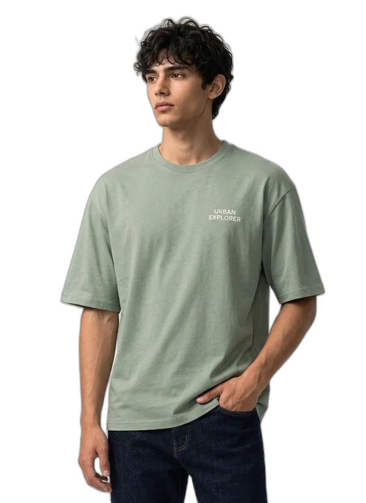 นายแบบใส่เสื้อยืดสีเขียว sage สกรีนลาย URBAN EXPLORER